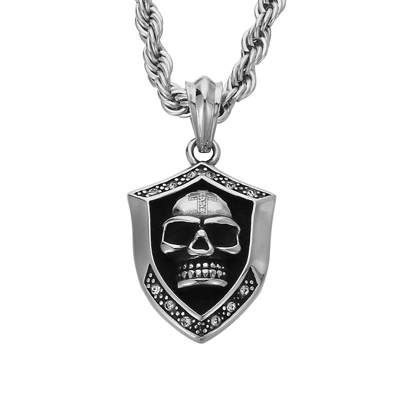 Hip Hop Skull Crystal Stone Shield Necklace for Men High Quality Stainless Steel Gold Color Charm Pendant Trendy Jewelry Gift