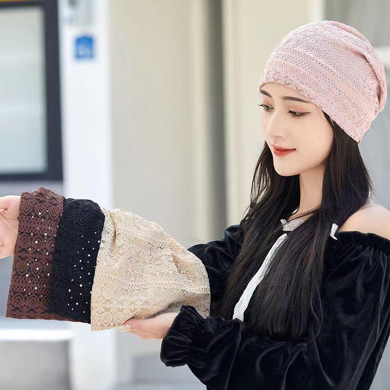 Women's Lace Rhinestone Headscarf: Breathable, Lightweight Spring/Summer Beanie for Hair Coverage