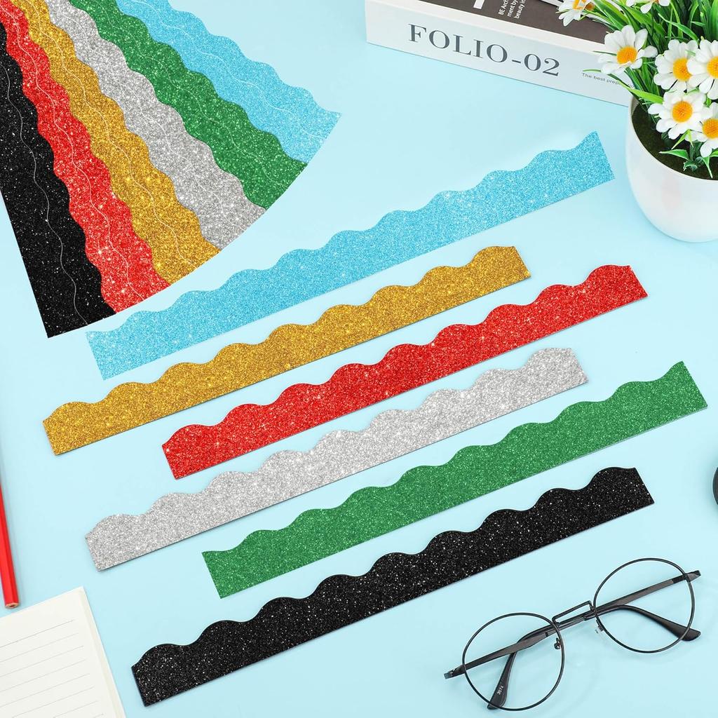 24 PCS Colorful Magnetic Bulletin Board Border Glitter Classroom Border Decor Colorful Scalloped Magnetic Border Trim Strips for School Classroom