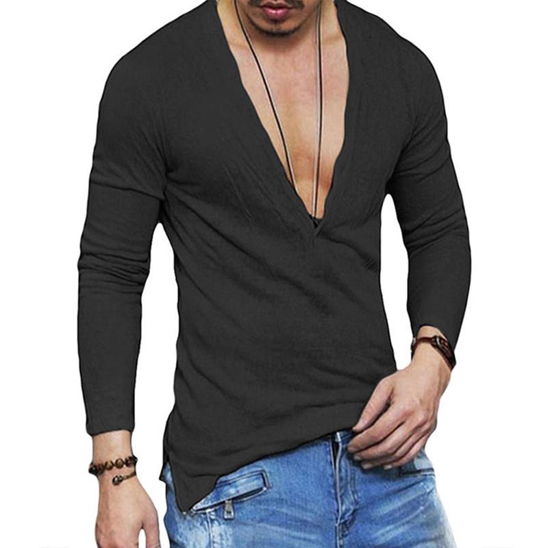 Buy Deep V Neck Men Solid Color Long Sleeve T Shirts Tops Tees at ...