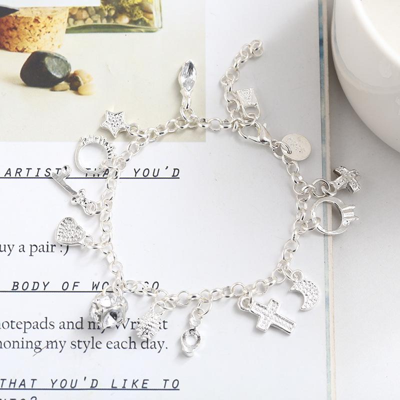 European & American Fashion 925 Sterling Silver-Plated Thirteen Charm Beaded Women's Bracelet