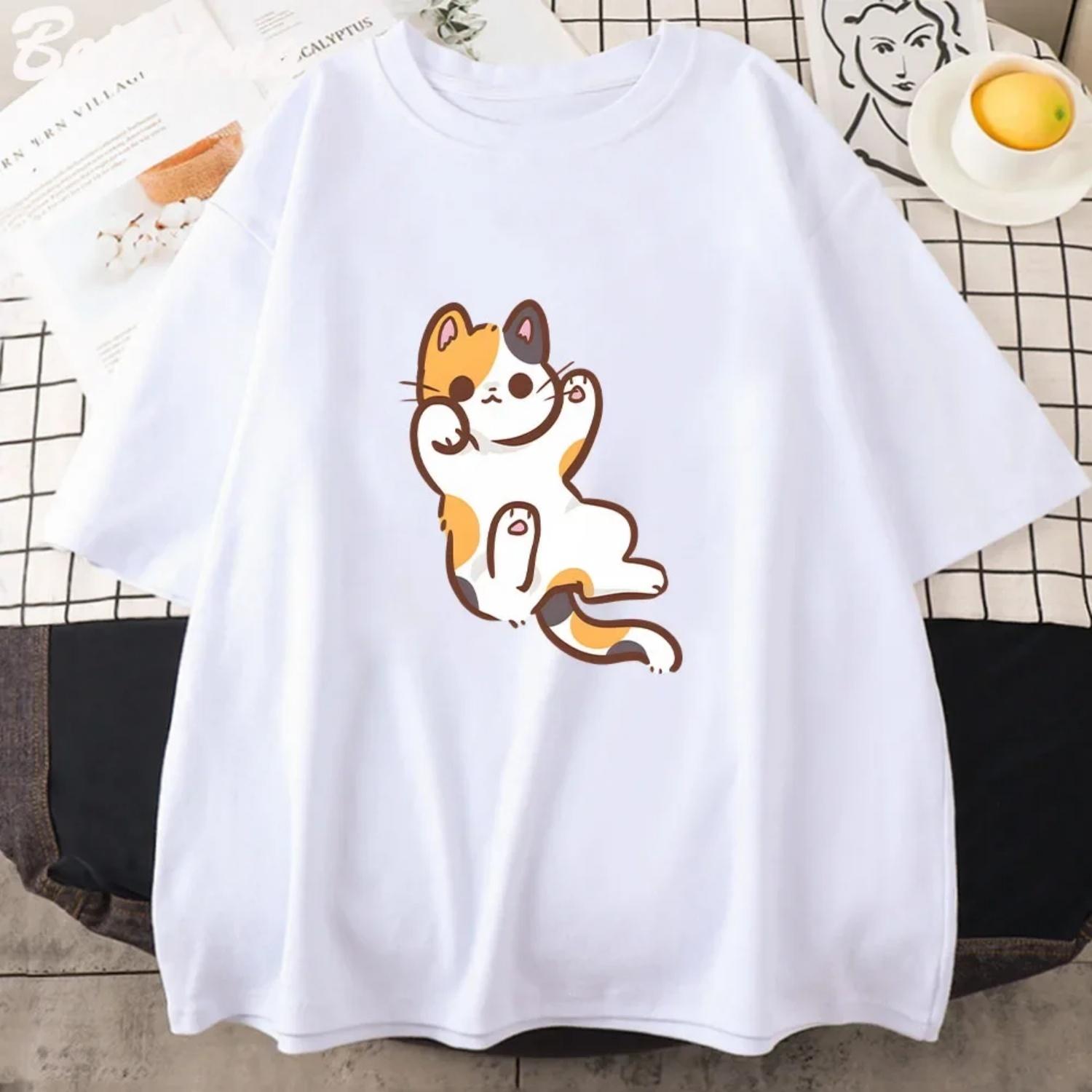 Cute Printed Cat Pattern T-shirt for Women New Summer Fashion T-shirt Harajuku Style Beautiful Pink Tops Women Korean Version XXXXXL белый
