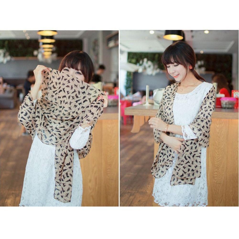 Women Girls Chiffon Scarf Gift Kitten Shawl Scarf Fashion Cartoon Cat Printed Scarf