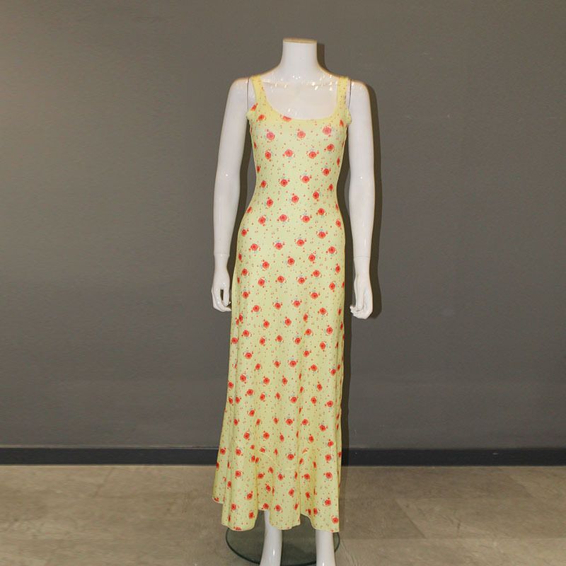 

Summer French Floral Print Suspender Dress, Sweet and Fresh Beach Dress, Long Fishtail Dress, Milk Silk Yellow [Ready in Stock] S