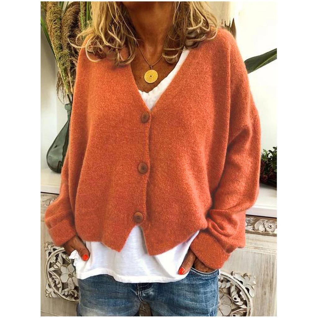 Women's Spring and Autumn Loose Knit Cardigan Solid Color V-neck Long-sleeved Single-breasted Loose Knit Sweater Coat