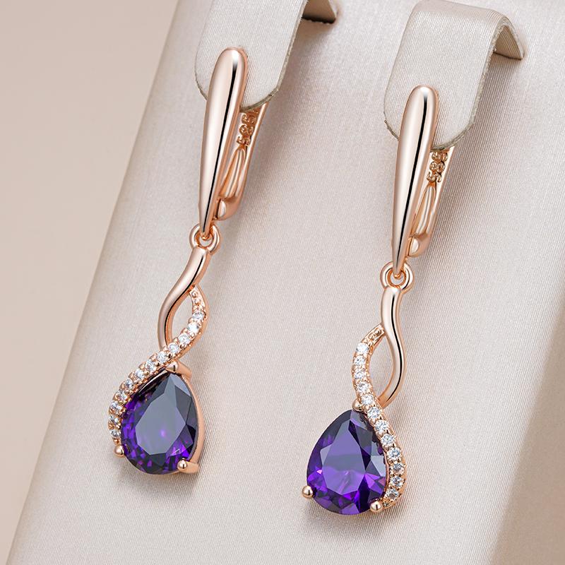 Shiny Purple Natural Zircon Long Dangle Earrings For Women  Rose Gold Color Vintage Ethnic Bride Daily Fine Jewelry