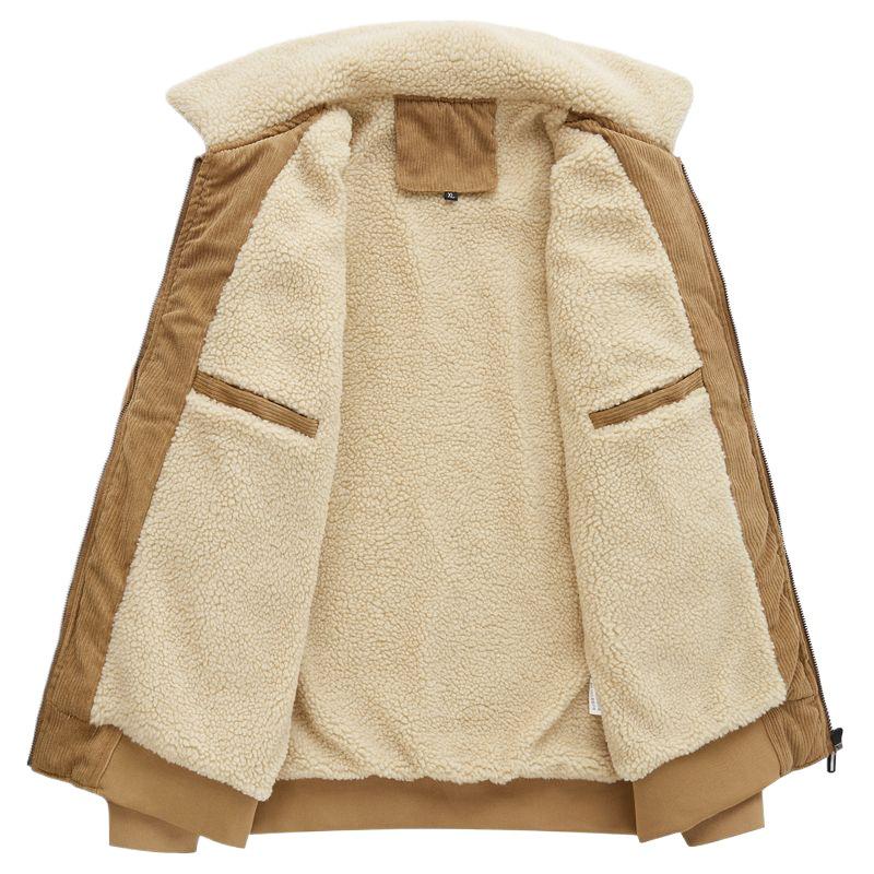 Men's 2025 Korean Style Corduroy Cotton Jacket with Lambswool Fleece Lining and Large Pockets