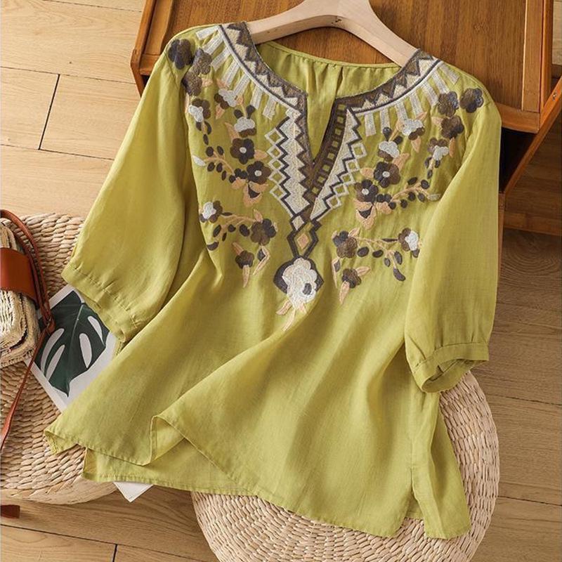 Women's Artistic Embroidered V-Neck Cotton Linen Top - Casual, Loose Fit, Slimming Short Sleeve
