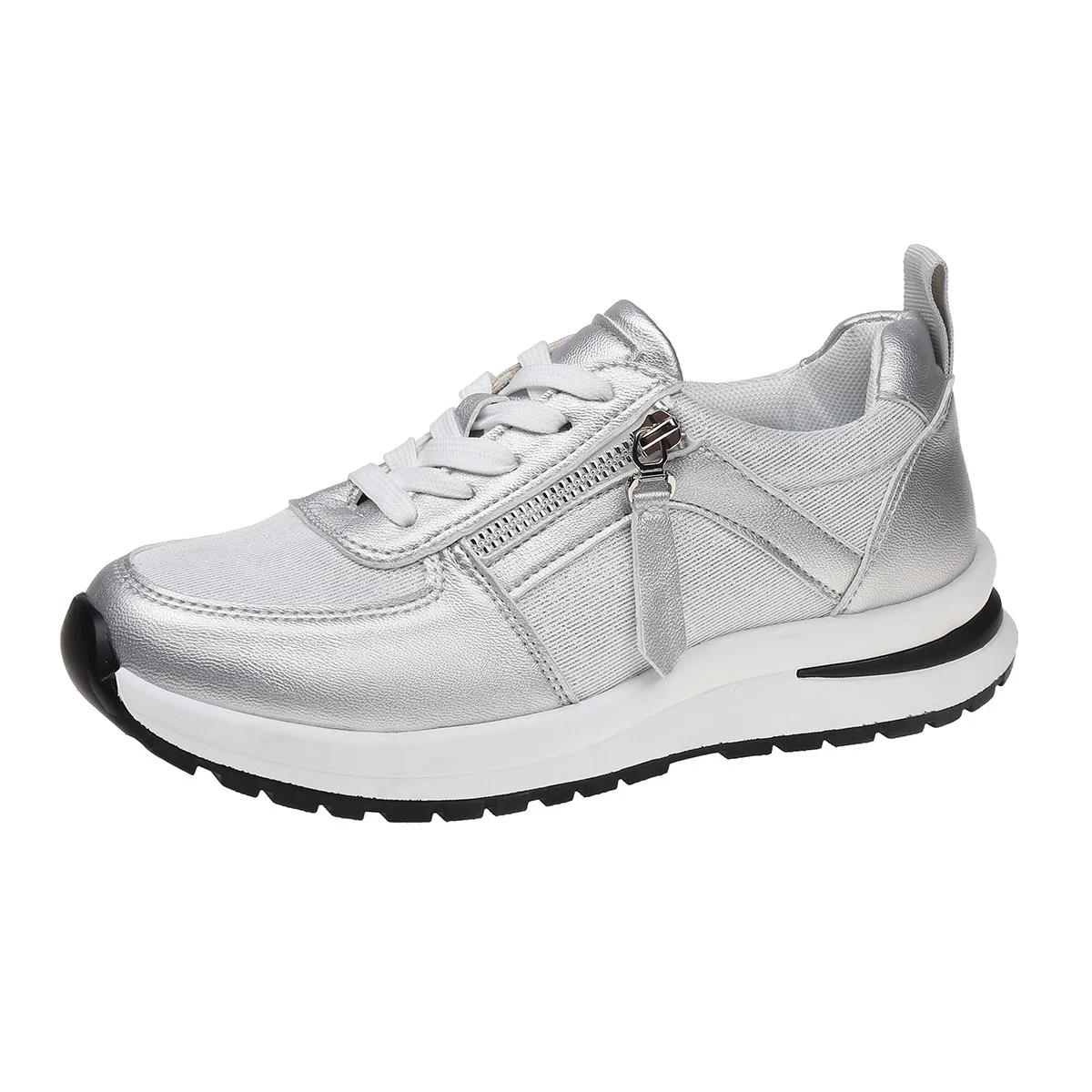 

Осенние новые женские кроссовки для бега на открытом воздухе, дышащие повседневные кроссовки на шнуровке, женские туфли на плоской платформе, теннисные туфли 38 серебряный