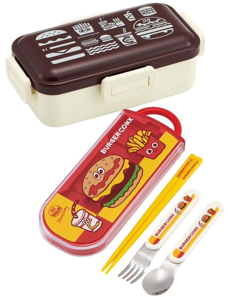Skater Cutlery Set for Children, Lunch Box Set, Chopsticks, Spoon, Fork, Made in Japan, Slide-Type, with Name Sticker, Trio Set, Burger Conks Friends
