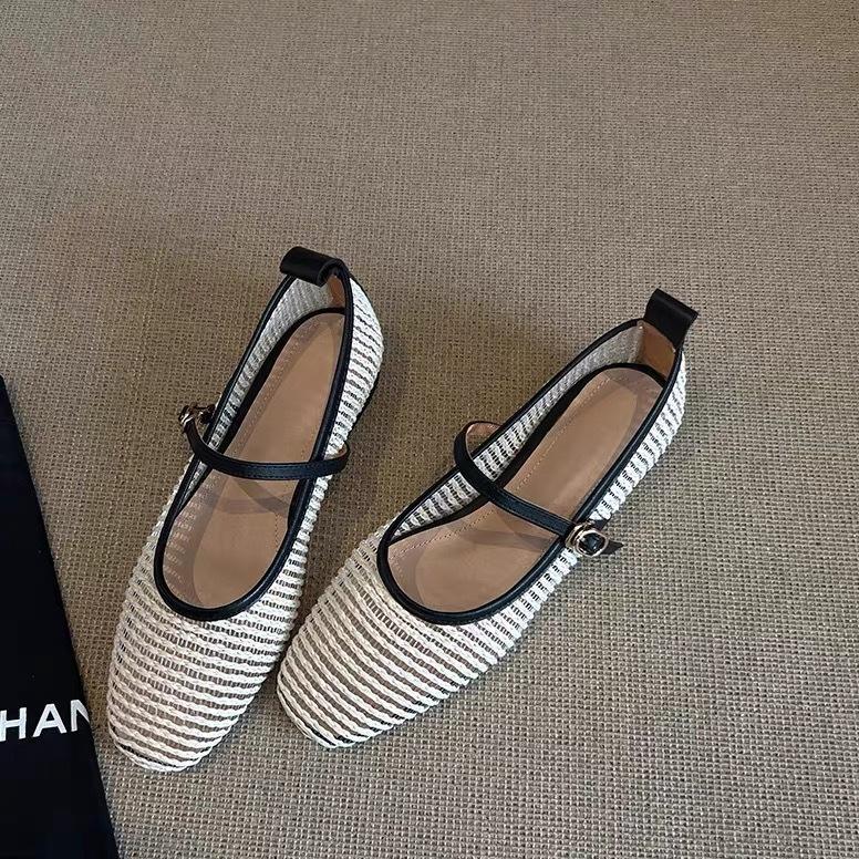 Super Soft Sheepskin~ French Cool Single Shoes Women's Flat-bottomed Summer Woven Retro Shallow Mouth Ballet Shoes Breathable Mary Jane Shoes