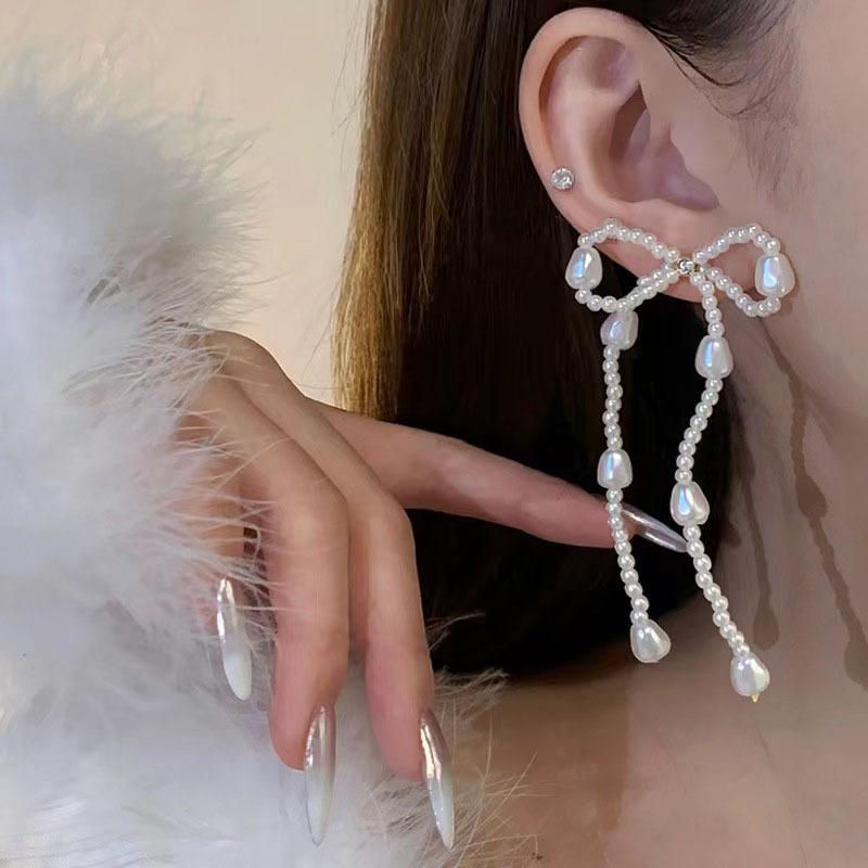 Korean Pearl Bow Tassel Earrings Handmade Pearl Beads Long Earring for Women Wedding Jewelry Temperament Dangle Ear Ring