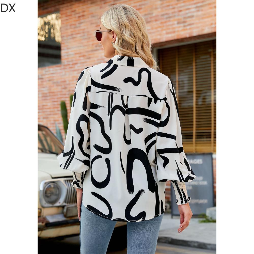DX2018-8127 # - New Top Casual Print Bubble Shoulder Lantern Long Sleeve Shirt Women