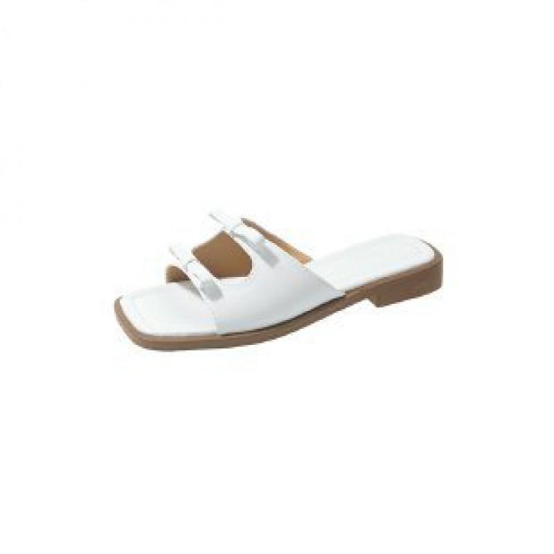 Womens Flat Slide Sandals With Bow Detail Square Toe PU Upper Rubber Sole Casual Shoes