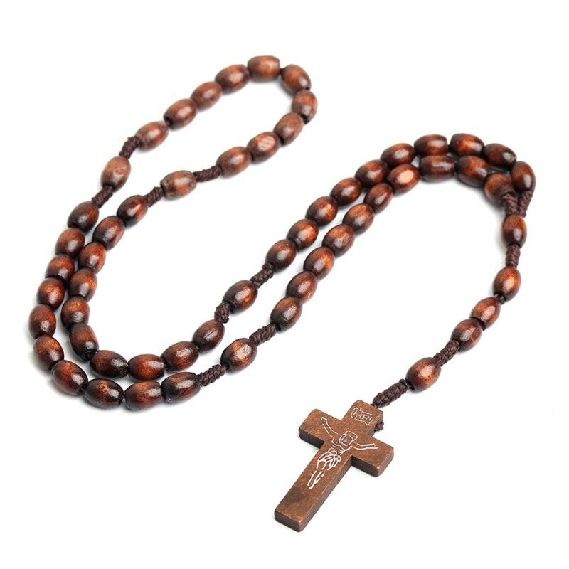 Holzperlen Kreuz Anhänger Rosenkranz Halskette Katholisch Christlich Religiös Jesus Halsketten Männer Frauen Schmuck Anhänger