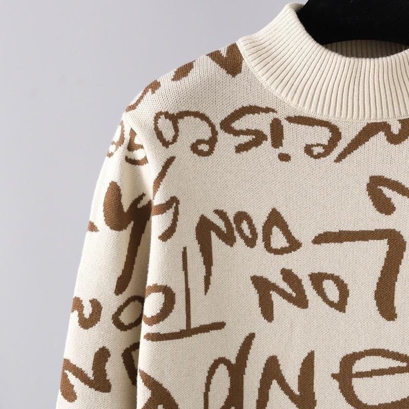 Autumn Winter Women High Neck Vintage Knitted Pullover Long Sleeve Letter Graffiti Sweater Dress