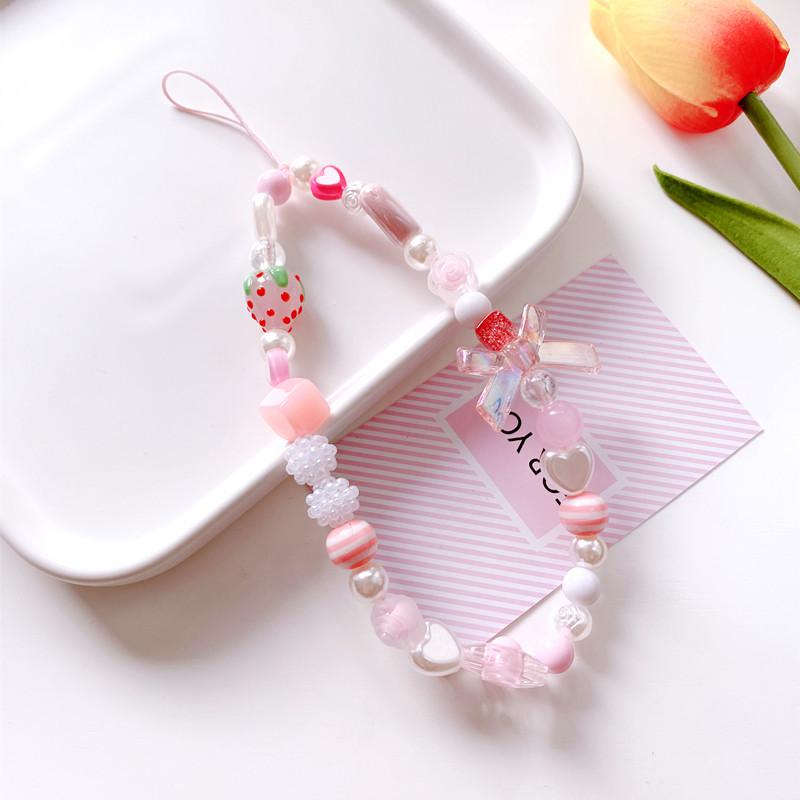 

s 1 Piece Love Heart Bow Strawberry Girls Phone Charm Strap Fashion Beads Keychain Lanyard Bracelet Cellphone Decoration