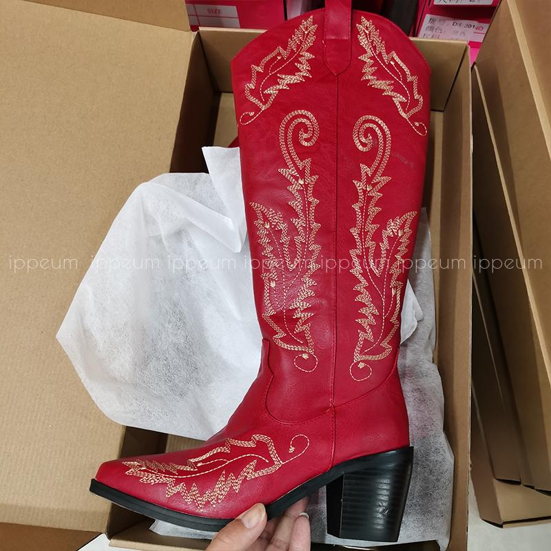 IPPEUM Cowboy Boots For Women Embroider Chunky Heel Red Leather Cowgirl Shoes Knee High Western Botas Cowboy Femininas