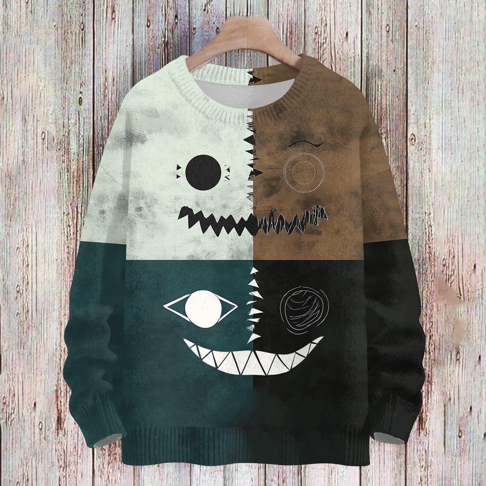 Women s Casual Long Sleeve Halloween Print Round Neck Knit Sweater Top L