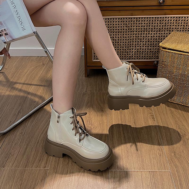 

Platform Thick Bottom Warm Short Plush Women Motorcycle Boots Lace Up Shoes Autumn Winter Female Short Booties 35 бежевый