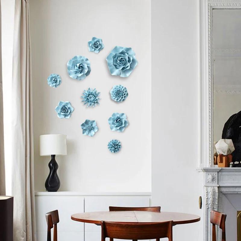 Chinese Blue Peony Rose Ceramic Flower Wall Mural Ornaments Home Livingroom Wall Sticker Decoration Club Hall Store Wall Hanging