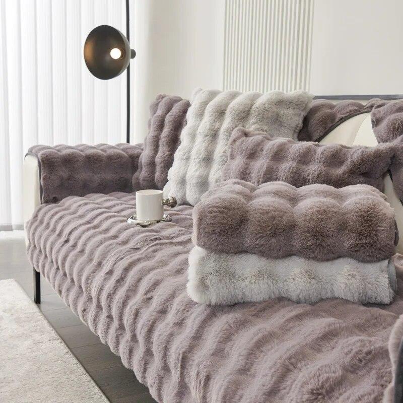 Soft Warm Faux Fur Couch Sofa Cover Thick Shaggy Fuzzy Sectional Couch Cover Non-Slip Solid Color Plush Sofa Slipcover Furniture