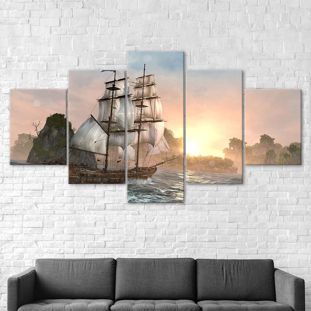 Sailing Ship Sunset Pirate Canvas 5 Piece Five Panel Wall Print Modern Art Poster Picture Home Decor Gift For Him For Her