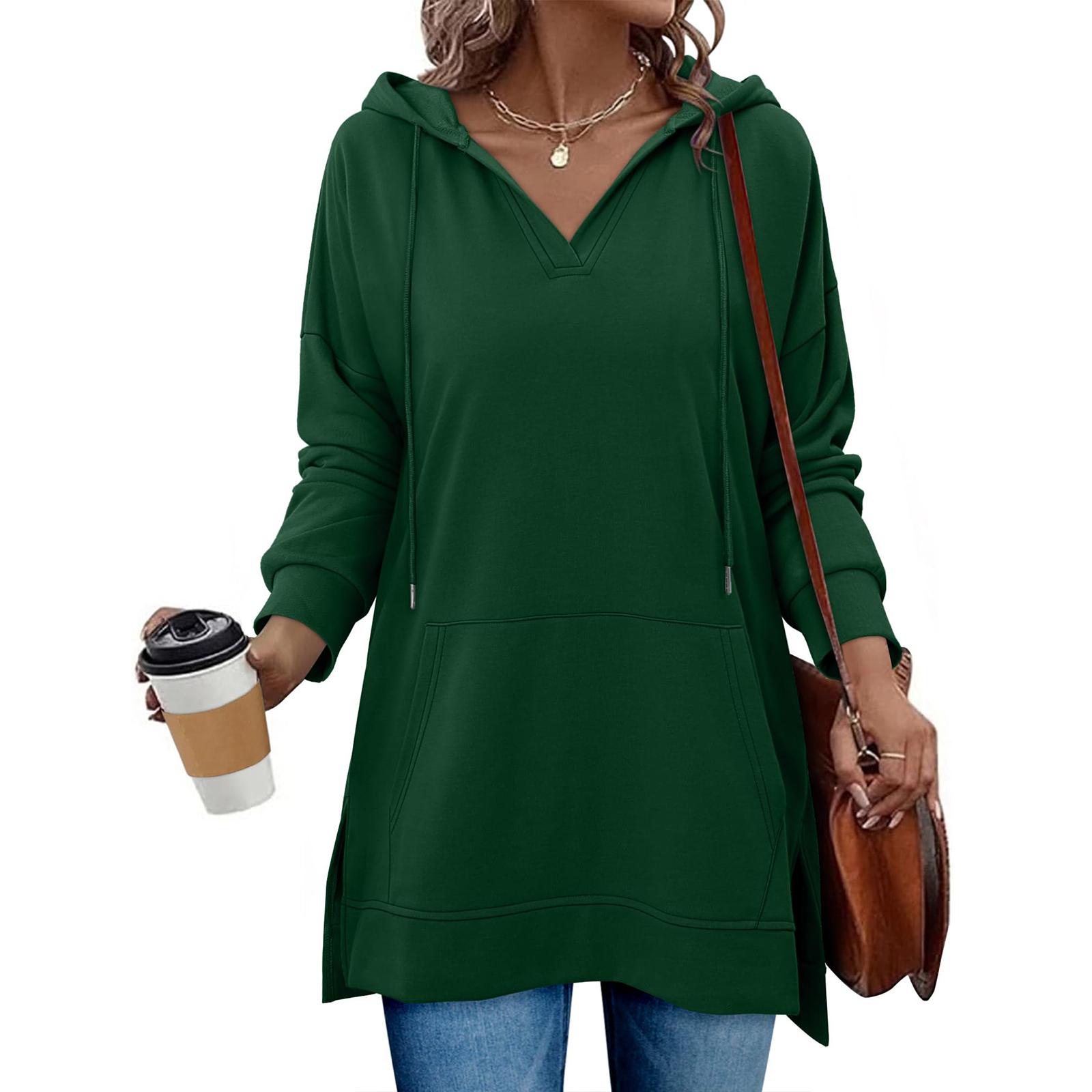 

Women s Fashion Long-Sleeved V-Neck Casual Solid-Colour Hooded Sweatshirt Top XL
