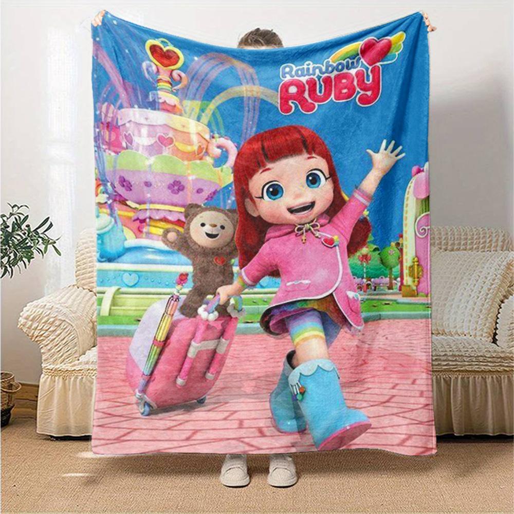Rainbow Ruby Cute Cartoon Girl Character Print Flannel Blanket Soft Warm Throw Blanket for Sofa Bed Living Room