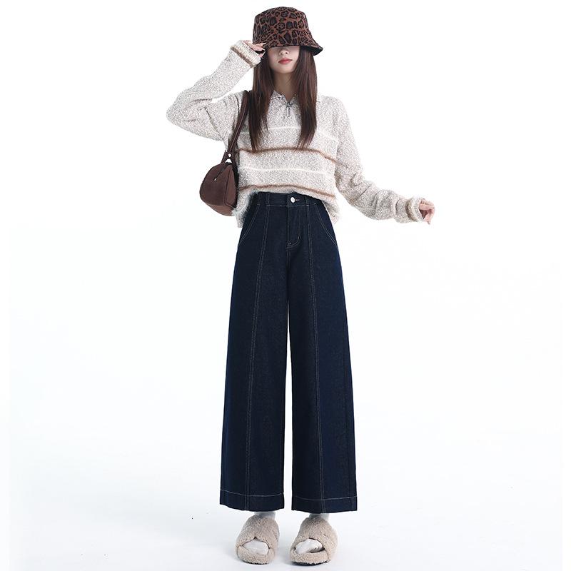 

Women s High Waist Denim Blue Straight Leg Jeans - Slimming Loose Fit, Nine-Point Wide Leg, Ideal for Autumn/Winter. Large