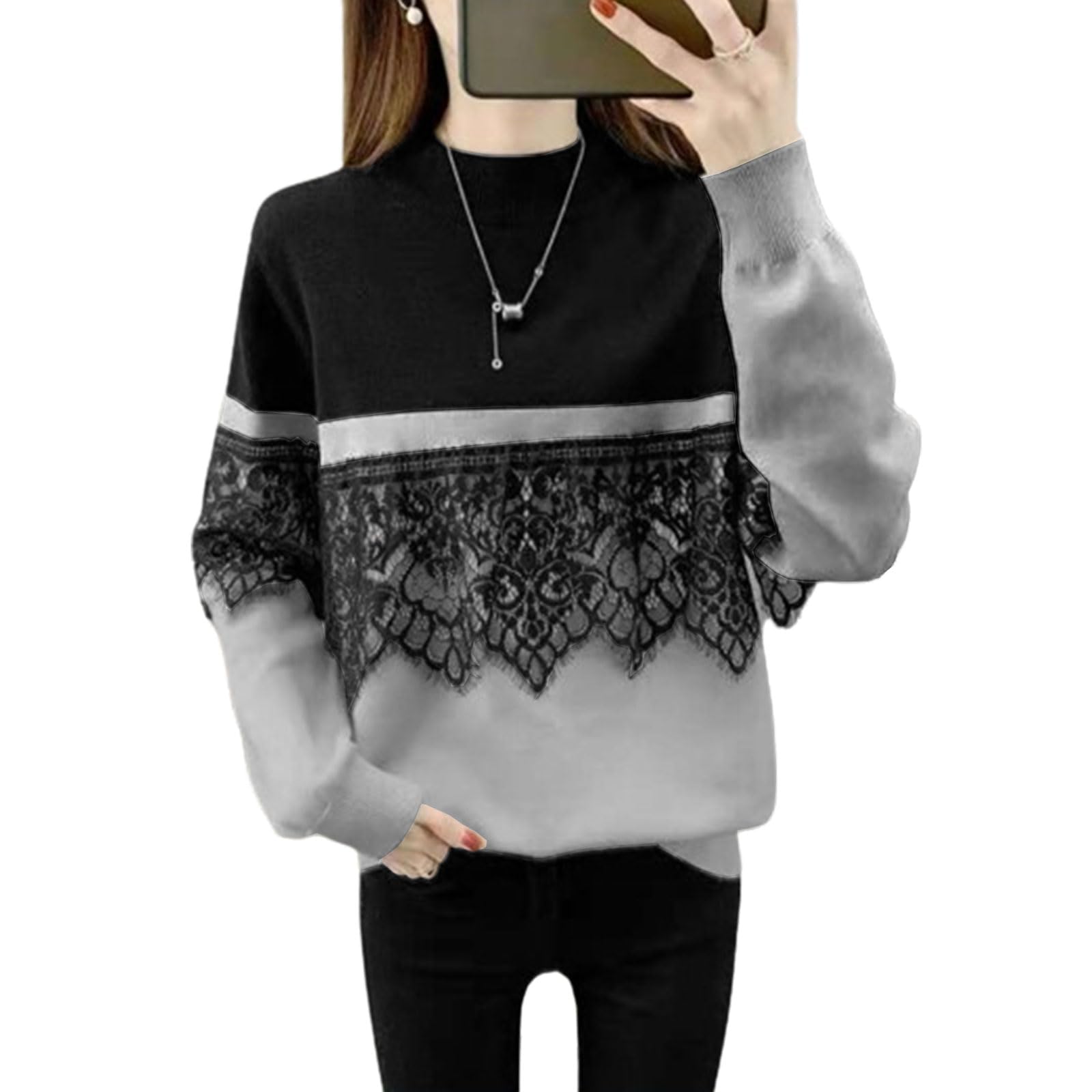 Вязаный Стойка Длинный Кружево Цветочный Идеально для Зимы [7-livehouse] Женский Свитер, Воротник, Рукава, Отделка, Принт, Двухцветный Дизайн, Стройнящий, Элегантный,