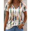 Women's Abstract Striped Print T-Shirt, V-Neck Short Sleeve Long Tops, Spring Summer
