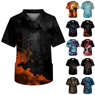 Men's Printing Short Sleeve V-neck Working Blouse Chest Pocket Carer Top