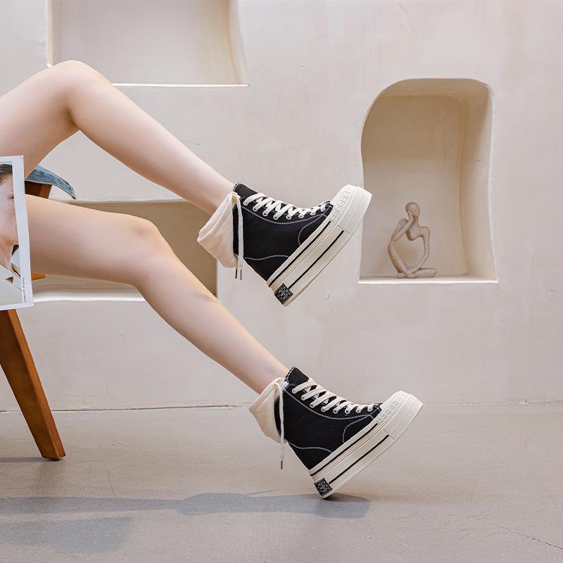 12CM Thick Sole High Heel Canvas Shoes: 2025 Autumn/Winter Hooded Lace-Up Women's Trend