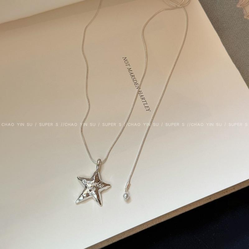 Silver Star Heart Pull Adjustable Clavicle Necklace Fashion Sweater Chain For Women