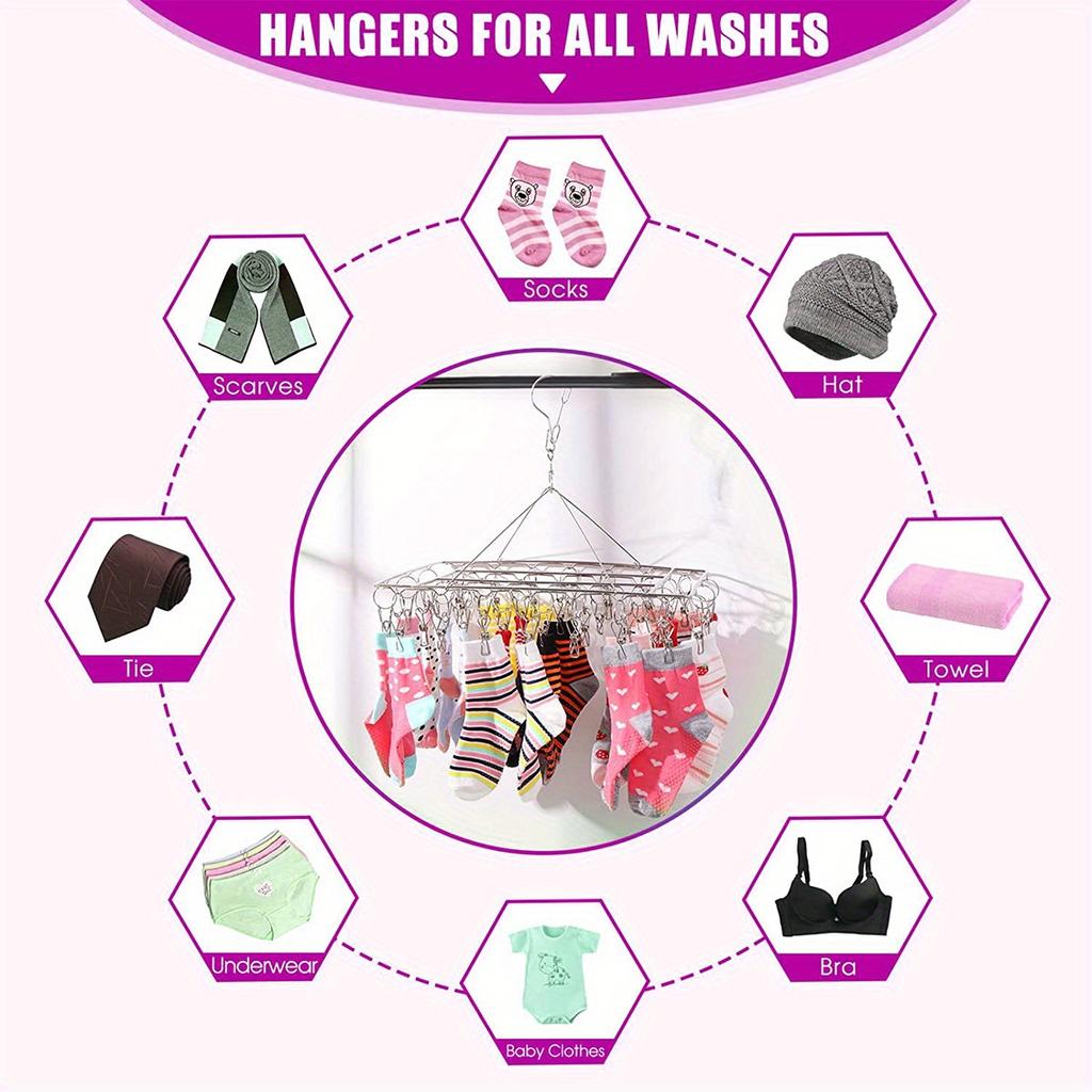 Sockentrocknerständer mit 30 Clips, Sockenaufhänger aus Edelstahl, drehbar, winddicht, Wäschetropfbügel, Sockenaufhänger