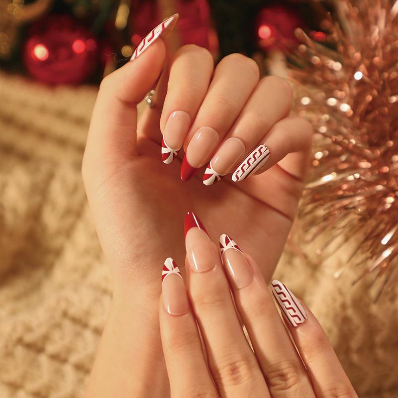 Nail Patch Finished French Red Edge Christmas Geometric Nail Patch Nail Patch Finished Removable Nail Patch