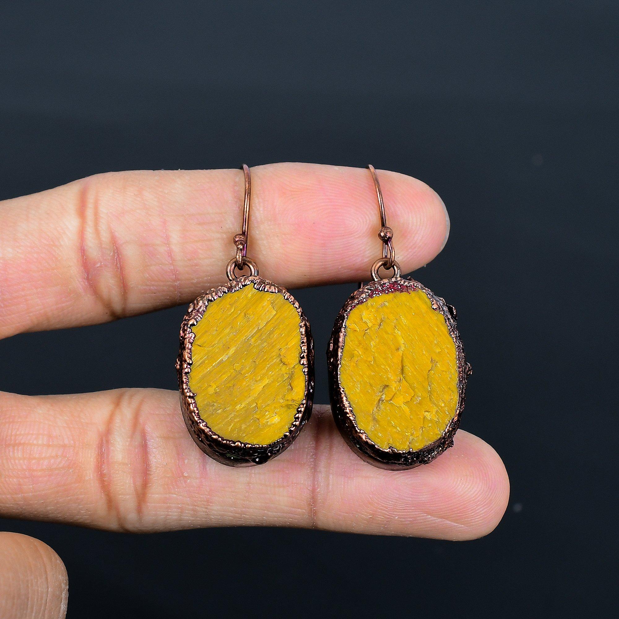 

Tiger s Eye Copper Electroformed Earrings, Handmade Gemstone Earrings, Gift For Mom Antique Jewelry 2.55 Inches