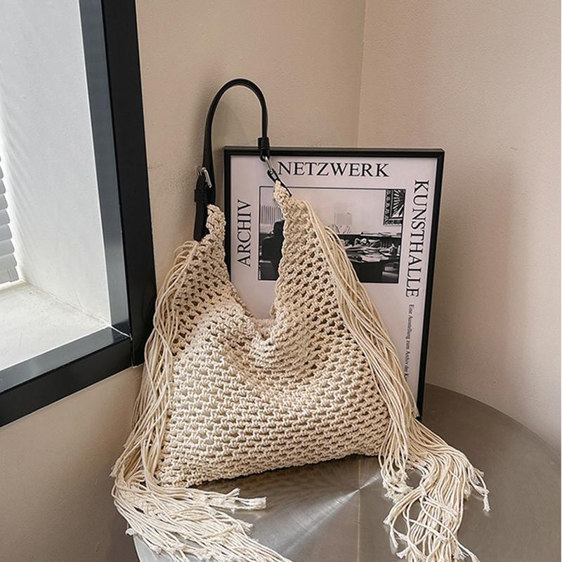 Yogodlns Fashion Long Tassel Shoulder Bag Thread Woven Women's Bag New Hollowed Out Handbag Summer Beach Vacation Bag