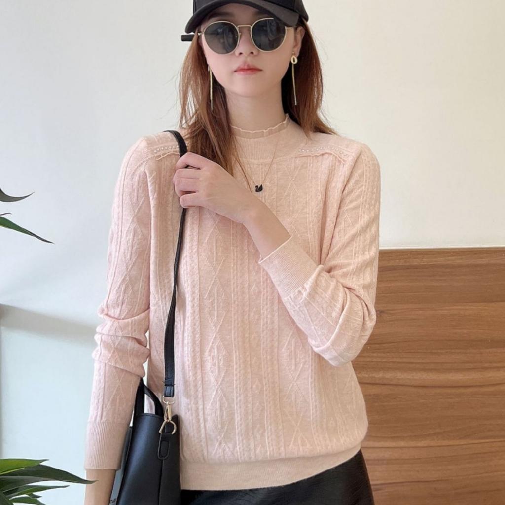 Beaded Bottom Shirt Women's Loose Spring Half High Neck Sweater Long Sleeve Top