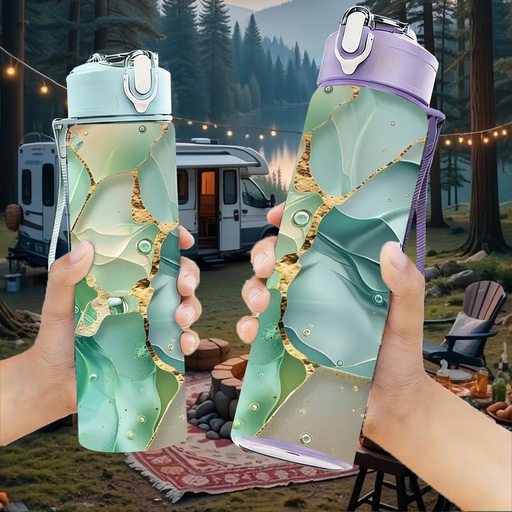 1PC Mint Green Gold Geode Marble Pattern 750ml Color Plastic Sports Water Bottle Leakproof Flip Straw Lid Suitable for Sports Office Home Use