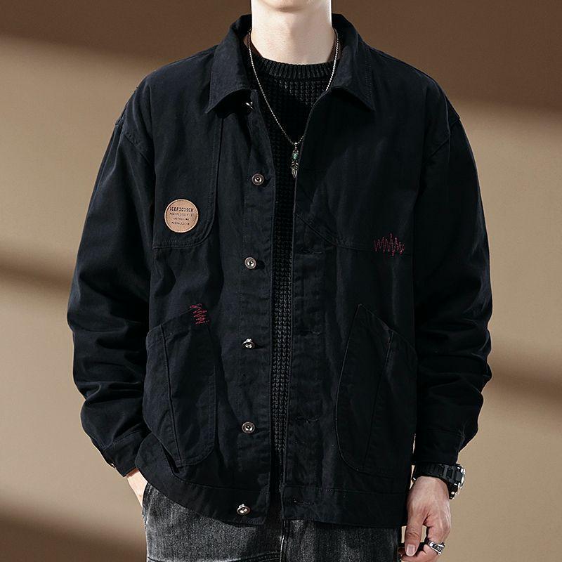 Men s Trendy Retro Denim Jacket: High-End Workwear for Spring and Autumn, Casual Loose Fit with Lapel. 3XL (150-165 jin)