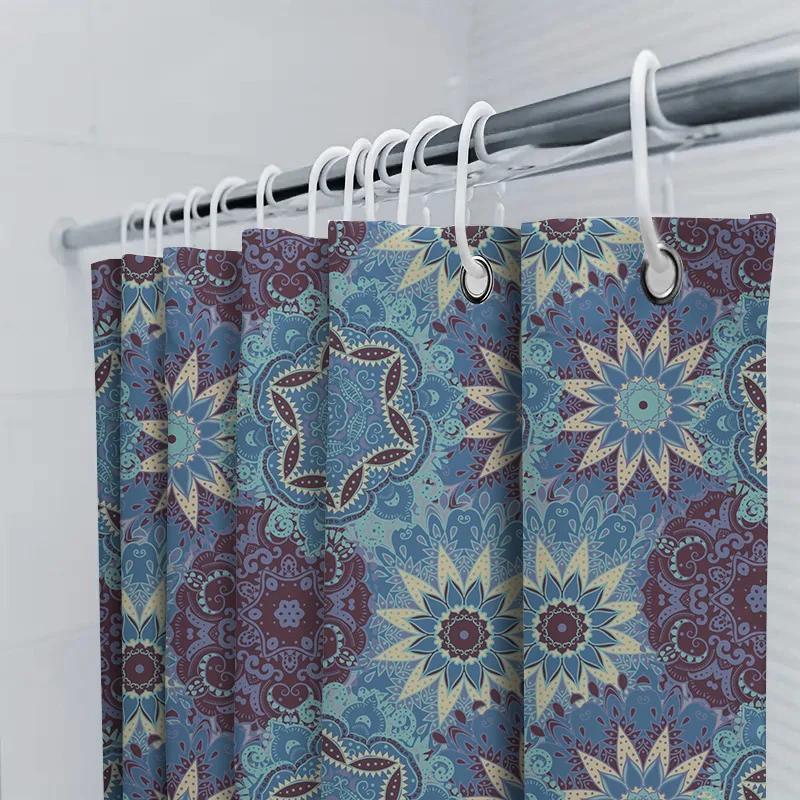Blue Boho Mandala Bath Shower Curtain Floral Pattern Decorative Rug Mat For Bathroom Polyester Fabric With Hook Loop Holder Ring