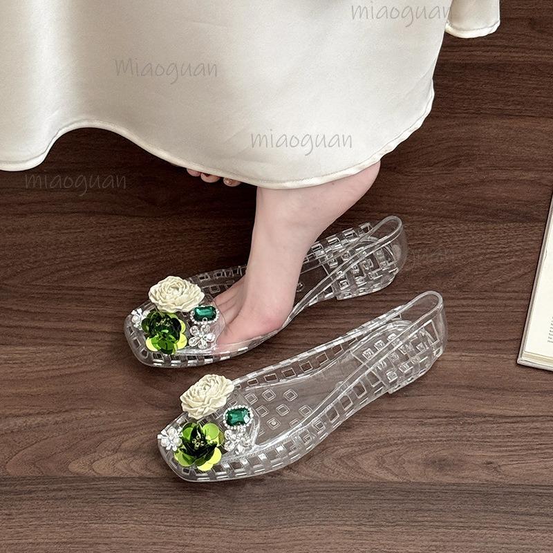Diamond Sequins Flower Decorations Black Transparent Shoes for Women Summer Korean Style Hollowed Out Beach Flat Shoes