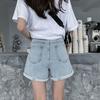 Classic and Minimalist Fashion Versatile High Waist Female Summer Double Buckle Loose Thin Wide Leg Rolled A Word Super Denim Shorts Individuality