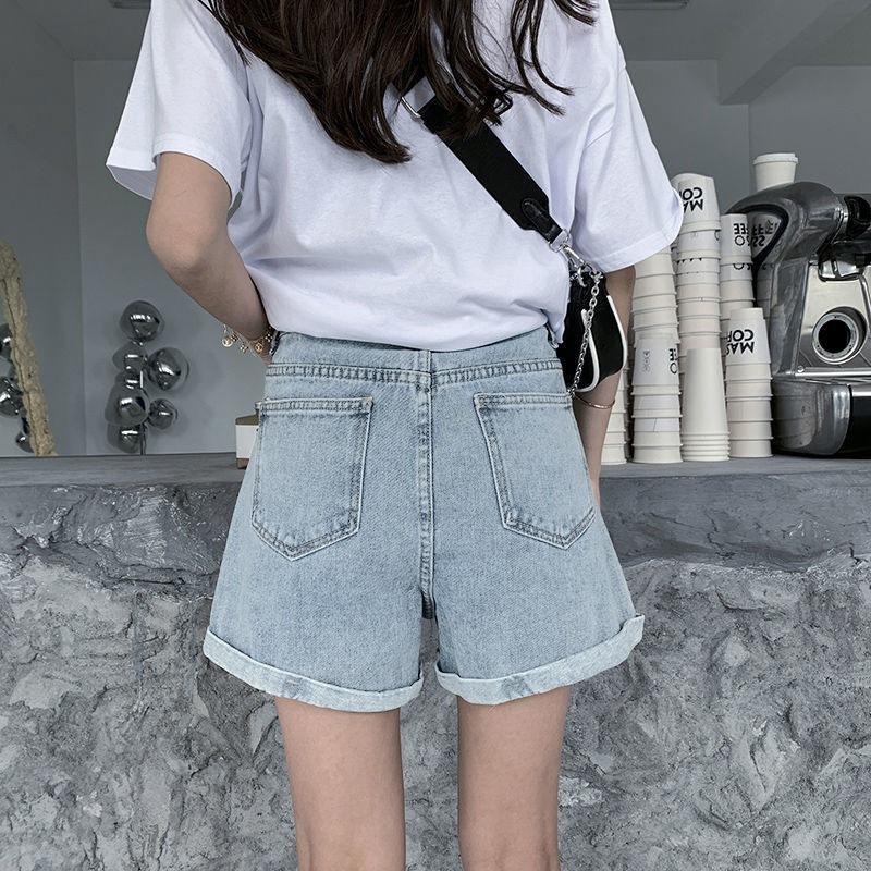 Classic and Minimalist Fashion Versatile High Waist Female Summer Double Buckle Loose Thin Wide Leg Rolled A Word Super Denim Shorts Individuality