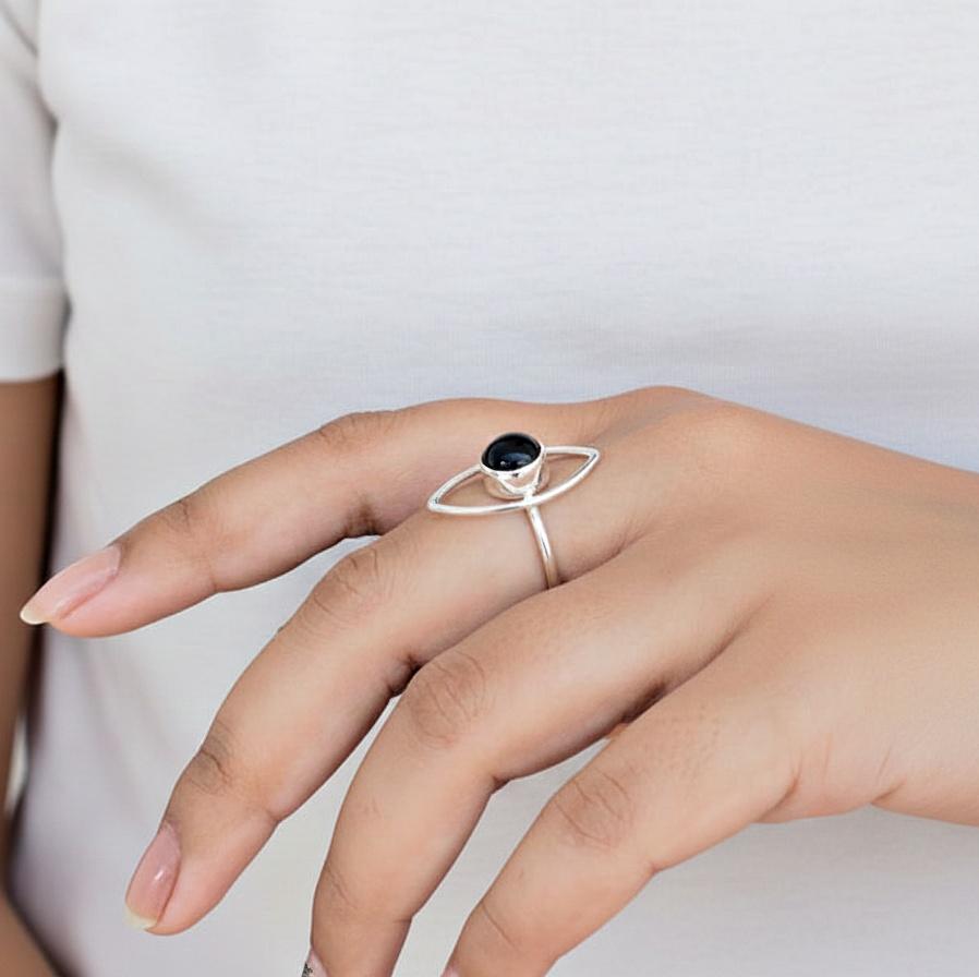Round Black Onyx Eye Ring, 925 Sterling Silver, Bohemian Handmade Gemstone Ring for Women