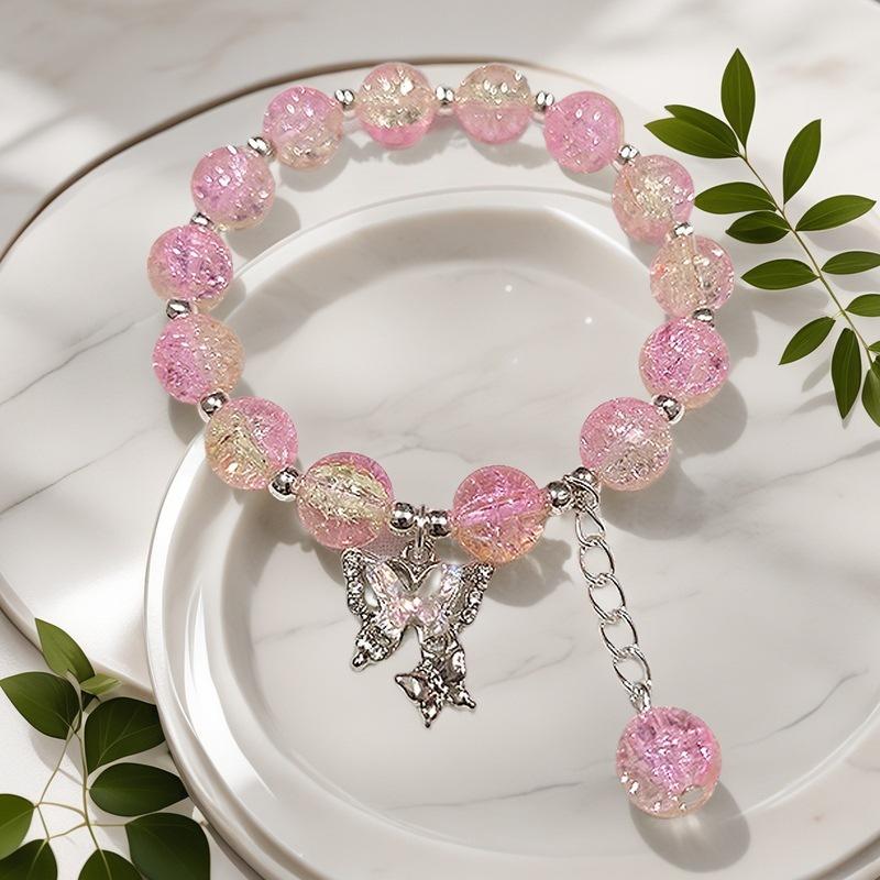 Braccialetto in Vetro Fiore Esplosione Fantasy da 10 mm: Ciondolo Farfalla Colore Degradé Design di Nicchia per Donne e Migliori Amiche.