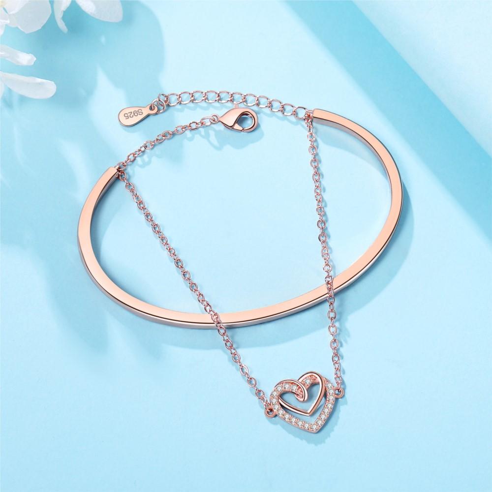 New 925 Silver Rose Gold Double-layer Heart Bracelet Chain Link Women Bracelet Birthday Festival Jewelry Gifts