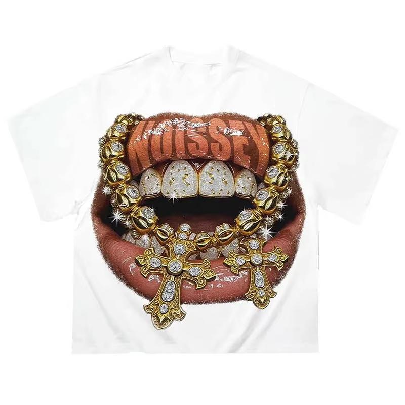 Labbra Chic Denti Dorati Vintage T-shirt Rock Goth Casual Estiva Manica Corta High Street Oversize T-shirt Harajuku Stampa Grafica